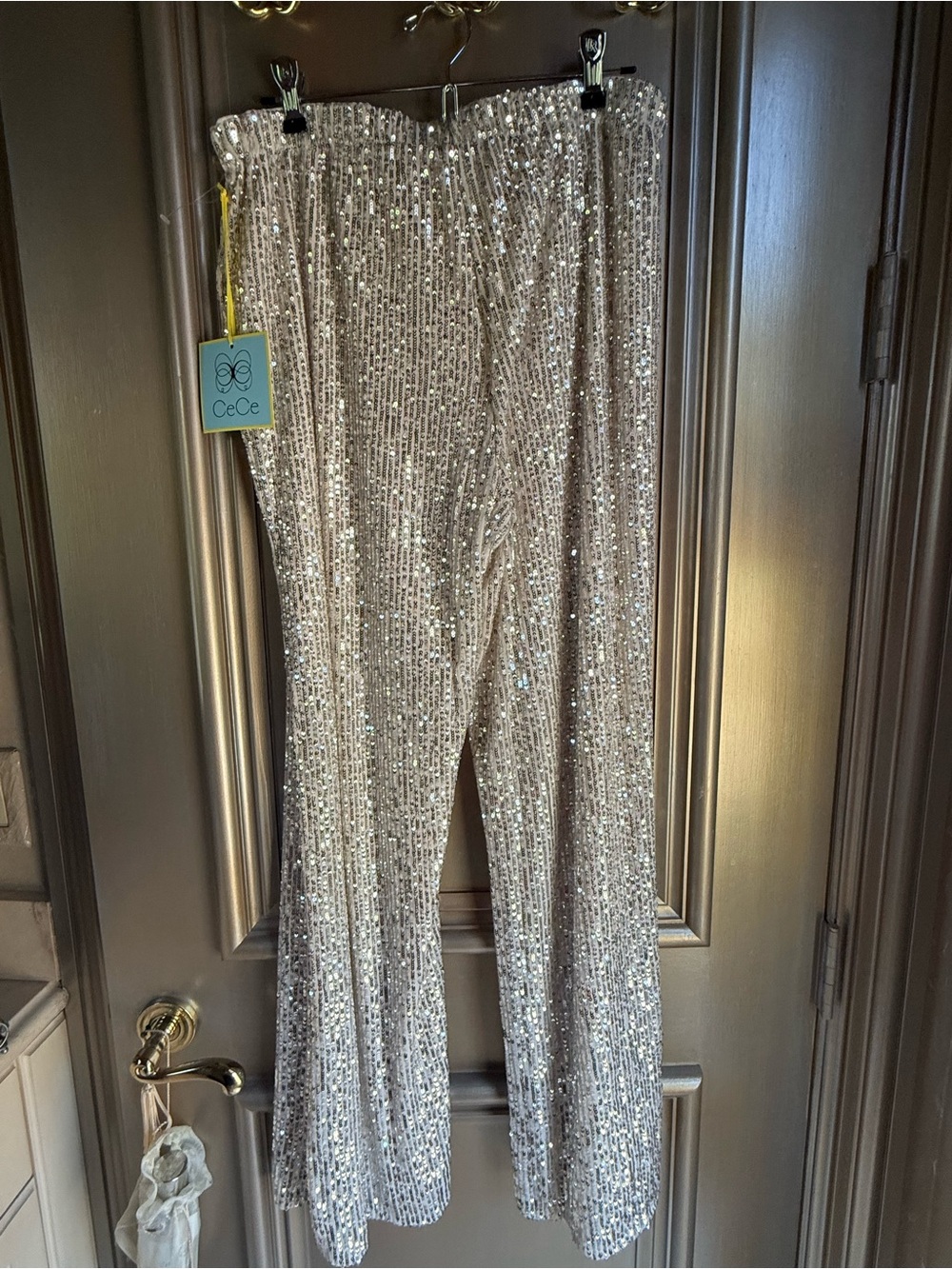CeCe Silver Sequin Wide-Leg Pants